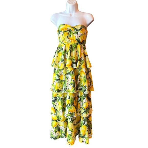 Show Me Your Mumu Lemon Tiered Strapless Ruffle Midi Dress Size Medium - Picture 2 of 6